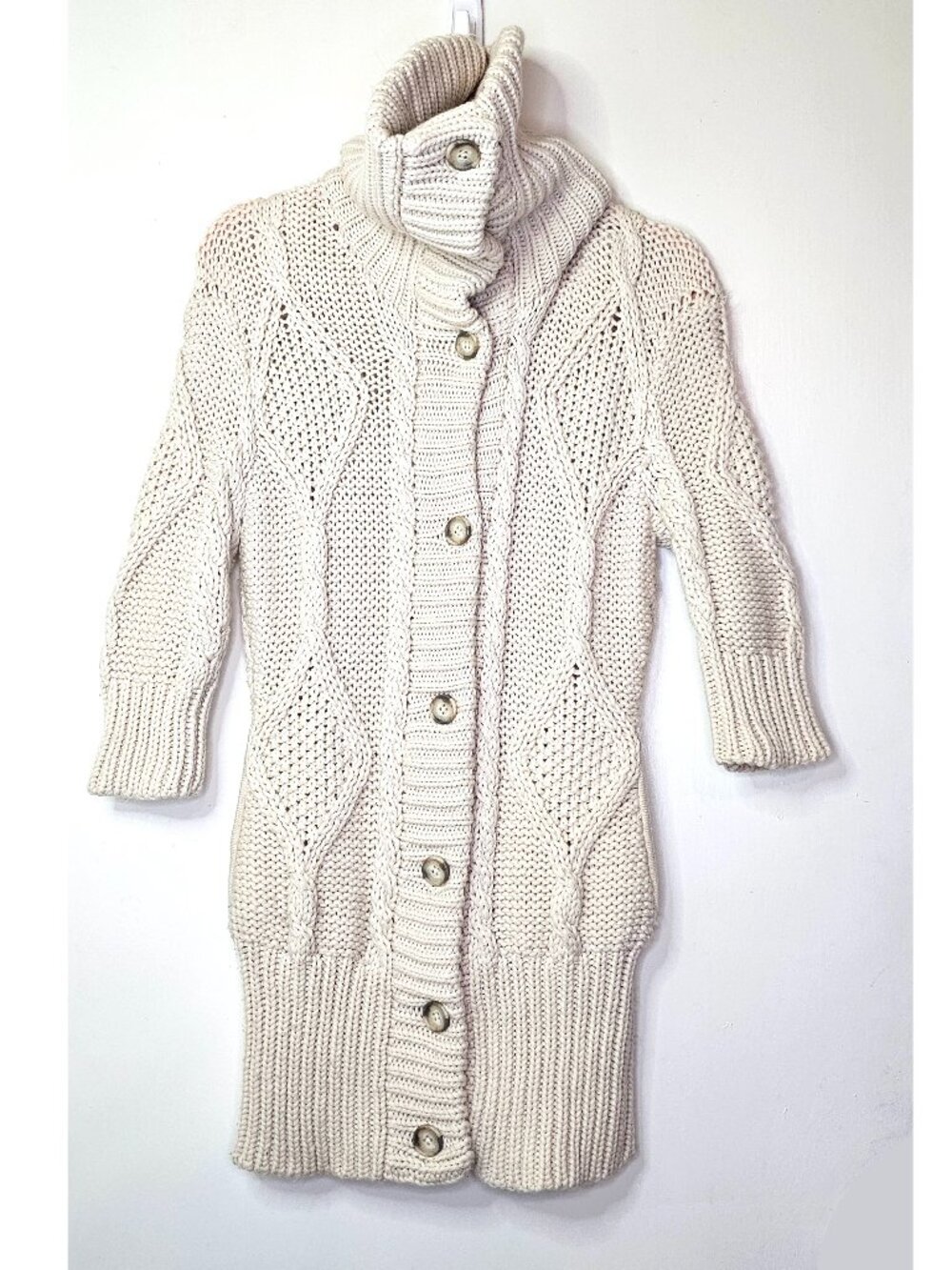 L’Agence Merino Wool Chunky Knit Button Down Turtleneck Longline Cardigan XS
